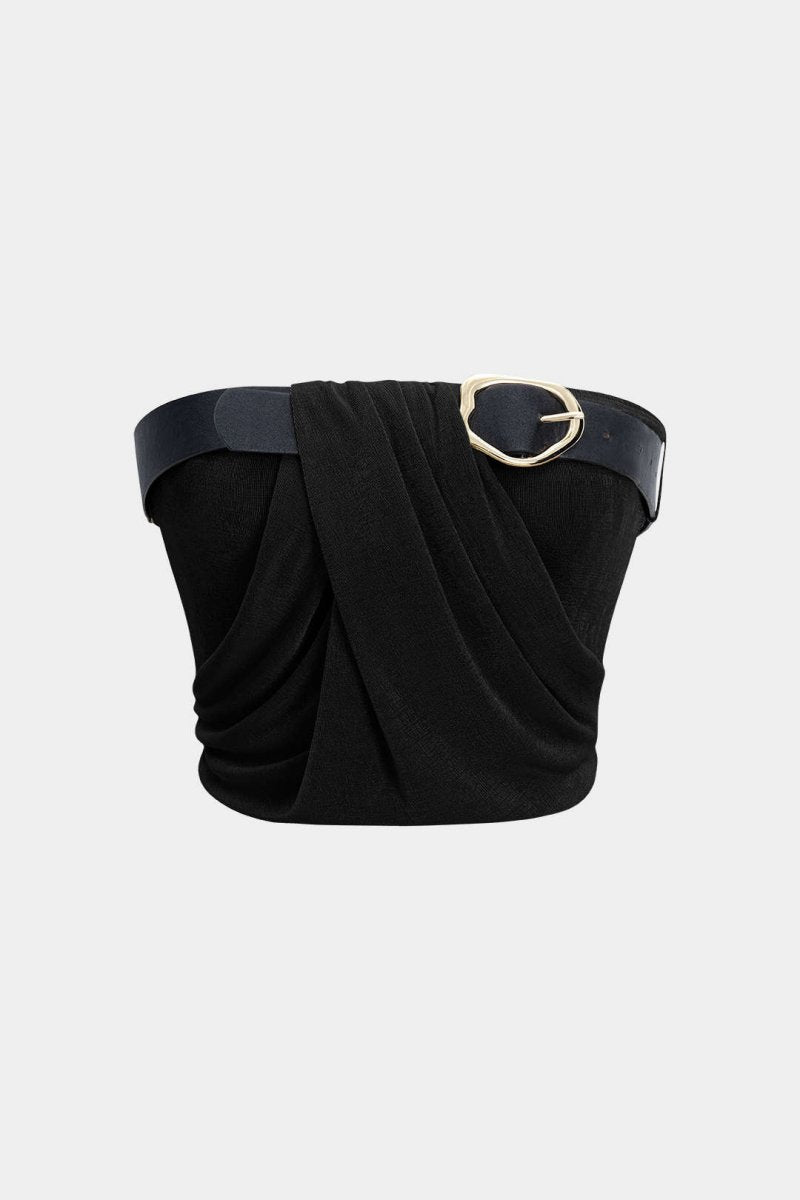 Ruched Belted Tube Top - MISMIMCWKM2506100056-BLACK-XS