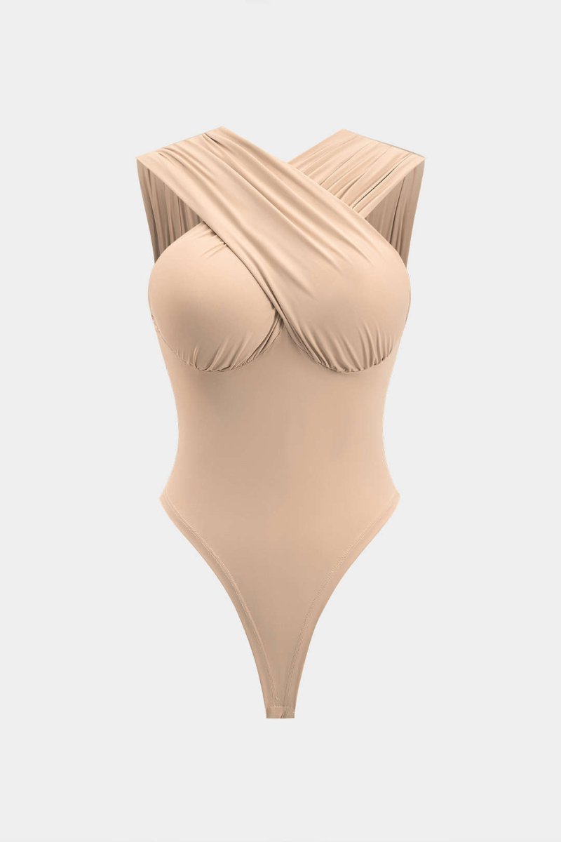 Ruched Crossed Backless Bustier Bodysuit - MISMIMCWTO2501130085-BEIGE-XS