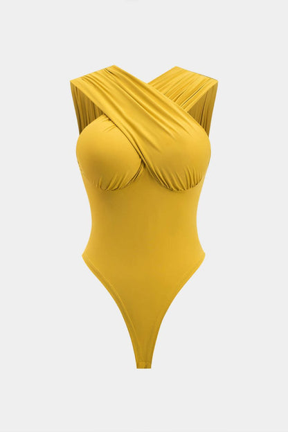 Ruched Crossed Backless Bustier Bodysuit - MISMIMCWTO2501130085-MUSTARD-XS