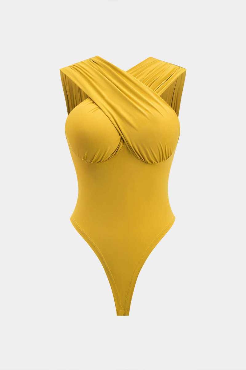 Ruched Crossed Backless Bustier Bodysuit - MISMIMCWTO2501130085-MUSTARD-XS