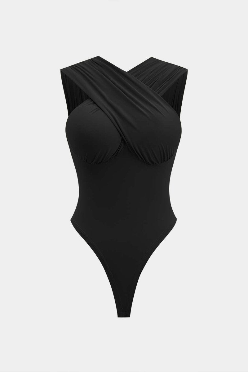 Ruched Crossed Backless Bustier Bodysuit - MISMIMCWTO2501130085-BLACK-XS