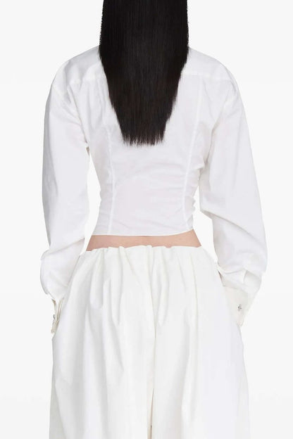 Ruched Drawstring Long - Sleeve Shirt - MISMIMCWTE2509030037-WHITE-XS