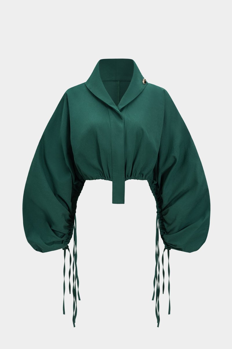 Ruched Drawstring Long - Sleeve Shirt - MISMIMCWTE2507100161-GREEN-XS