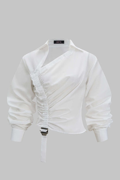 Ruched Drawstring Long - Sleeve Shirt - MISMIMCWTE2509030037-WHITE-XS