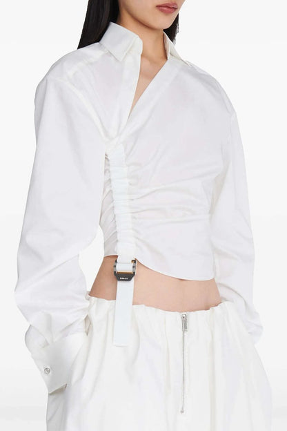 Ruched Drawstring Long - Sleeve Shirt - MISMIMCWTE2509030037-WHITE-XS