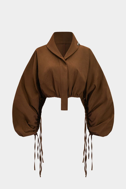 Ruched Drawstring Long - Sleeve Shirt - MISMIMCWTE2507100161-BROWN-XS