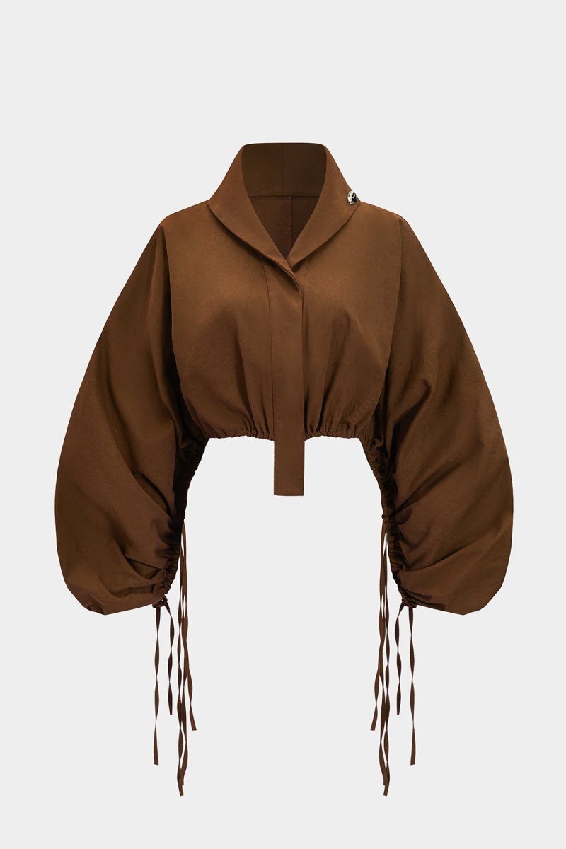 Ruched Drawstring Long - Sleeve Shirt - MISMIMCWTE2507100161-BROWN-XS