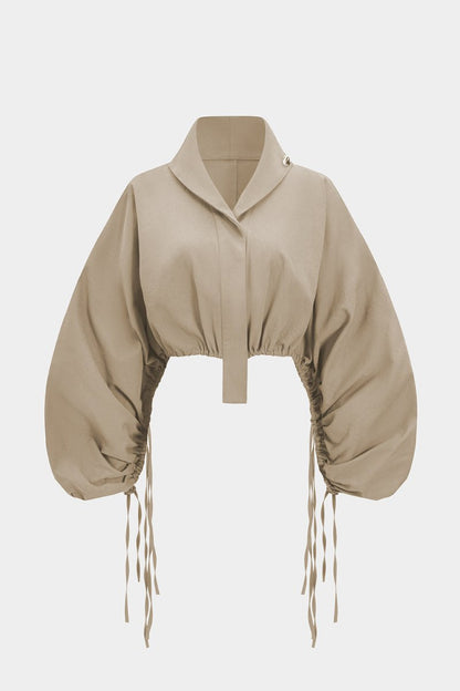 Ruched Drawstring Long - Sleeve Shirt - MISMIMCWTE2507100161-KHAKI-XS