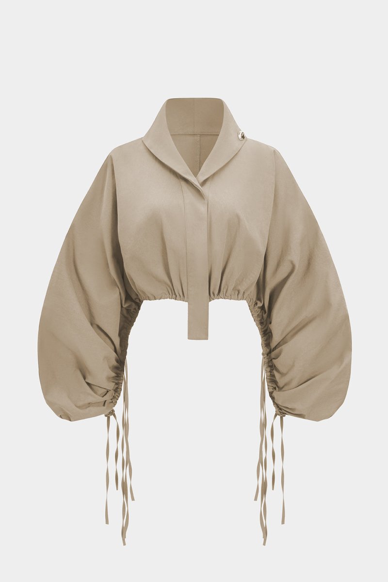 Ruched Drawstring Long - Sleeve Shirt - MISMIMCWTE2507100161-KHAKI-XS