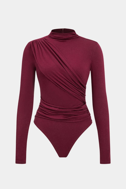 Ruched Long Sleeve Bodysuit - MISMIMCWTO2411150008-BURGUNDY-XS
