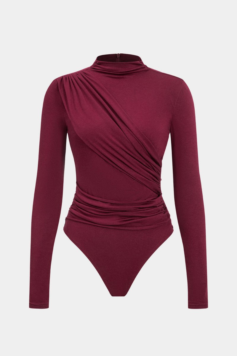 Ruched Long Sleeve Bodysuit - MISMIMCWTO2411150008-BURGUNDY-XS