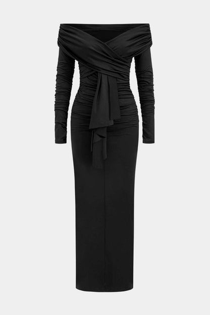Ruched Off Shoulder Drape Detail Maxi Dress - MISMIMCWDA2410160049-BLACK-XS