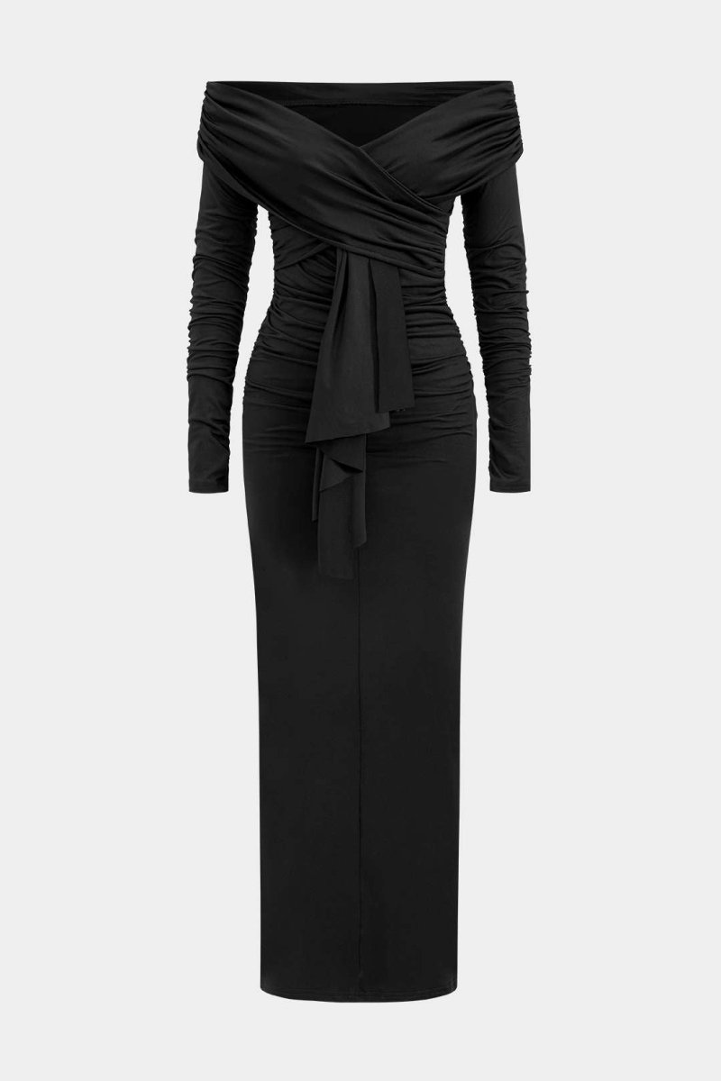 Ruched Off Shoulder Drape Detail Maxi Dress - MISMIMCWDA2410160049-BLACK-XS