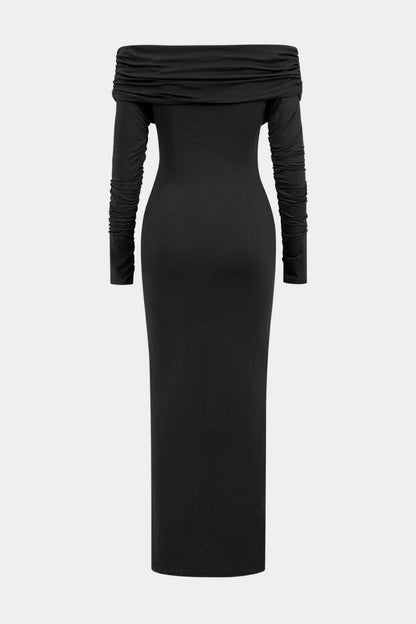 Ruched Off Shoulder Drape Detail Maxi Dress - MISMIMCWDA2410160049-BLACK-XS