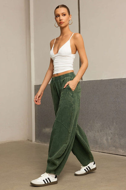 Ruched Pocket Wide Leg Barrel Trousers - MISMIMCWBT2502210079-GREEN-XS