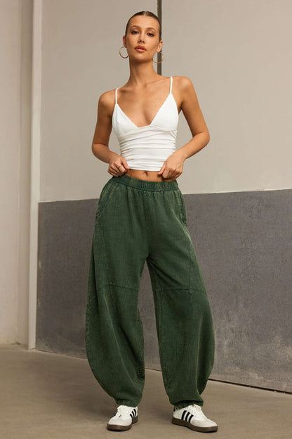 Ruched Pocket Wide Leg Barrel Trousers - MISMIMCWBT2502210079-GREEN-XS