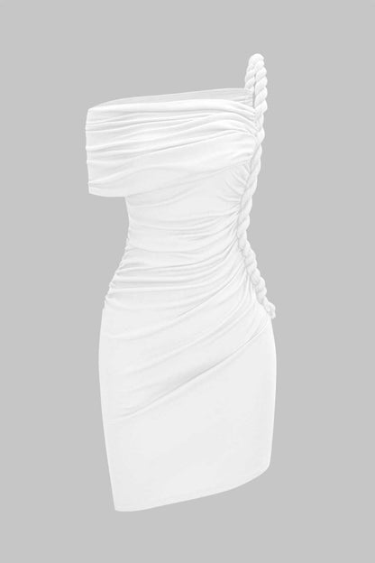 Ruched Twist Knot One Shoulder Short Sleeve Mini Dress - MISMIMCWDC2507100070-OPTICAL WHITE-XS