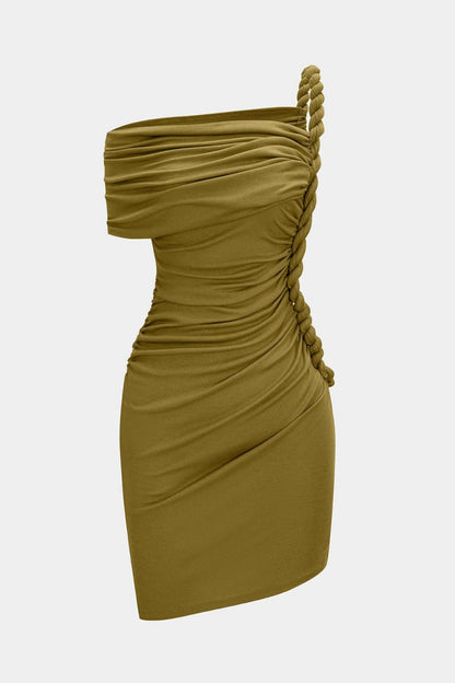 Ruched Twist Knot One Shoulder Short Sleeve Mini Dress - MISMIMCWDC2507100070-MUSTARD-XS