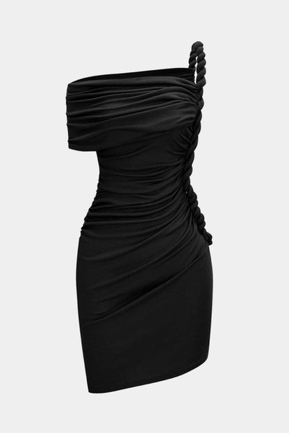 Ruched Twist Knot One Shoulder Short Sleeve Mini Dress - MISMIMCWDC2507100070-BLACK-XS