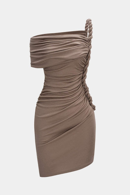 Ruched Twist Knot One Shoulder Short Sleeve Mini Dress - MISMIMCWDC2507100070-LIGHT BROWN-XS