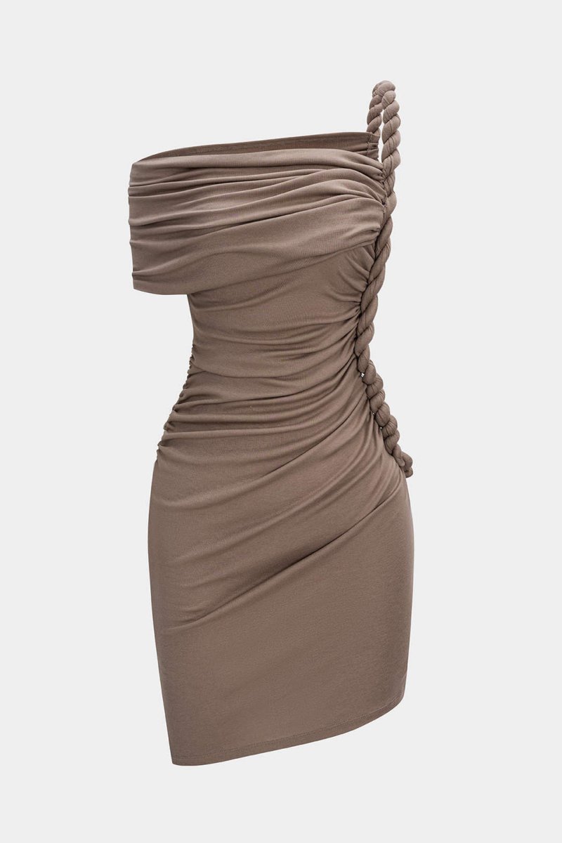 Ruched Twist Knot One Shoulder Short Sleeve Mini Dress - MISMIMCWDC2507100070-LIGHT BROWN-XS
