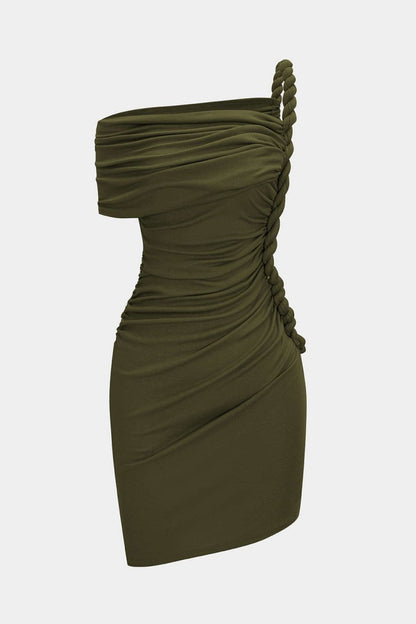 Ruched Twist Knot One Shoulder Short Sleeve Mini Dress - MISMIMCWDC2507100070-MILITARY-XS
