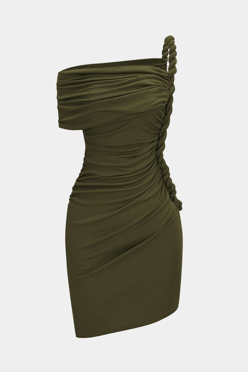 Ruched Twist Knot One Shoulder Short Sleeve Mini Dress - MISMIMCWDC2507100070-MILITARY-XS