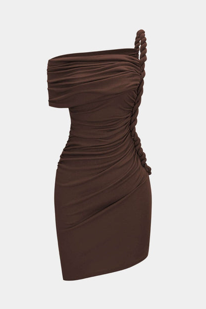 Ruched Twist Knot One Shoulder Short Sleeve Mini Dress - MISMIMCWDC2507100070-COFFEE-XS