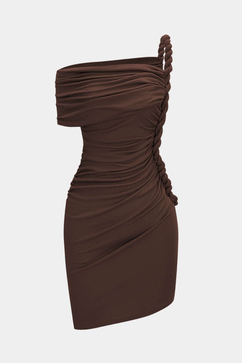 Ruched Twist Knot One Shoulder Short Sleeve Mini Dress - MISMIMCWDC2507100070-COFFEE-XS