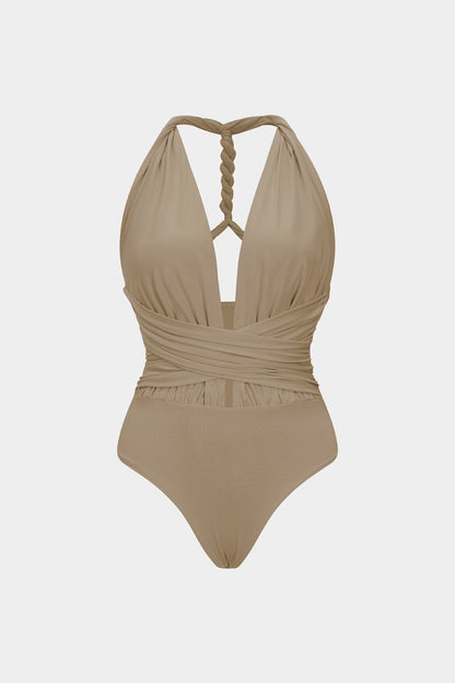 Ruched V - Neck Twist Knot Crossed Sleeveless Bodysuit - MISMIMCWTO2507250049-TAN-XS