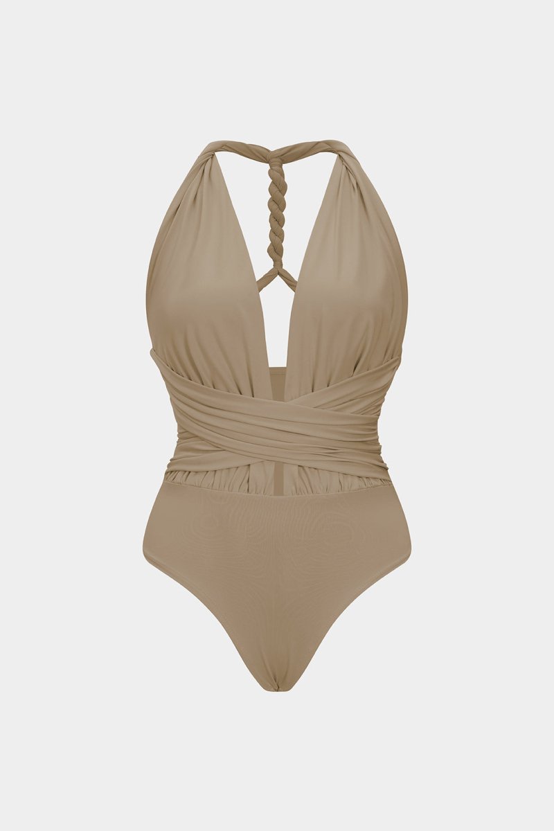 Ruched V - Neck Twist Knot Crossed Sleeveless Bodysuit - MISMIMCWTO2507250049-TAN-XS