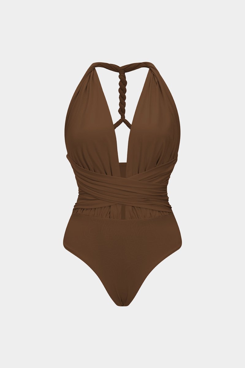 Ruched V - Neck Twist Knot Crossed Sleeveless Bodysuit - MISMIMCWTO2507250049-BROWN-XS