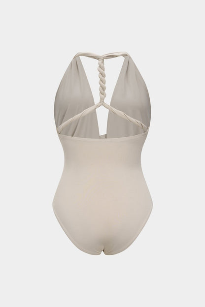 Ruched V - Neck Twist Knot Crossed Sleeveless Bodysuit - MISMIMCWTO2507250049-KHAKI-XS