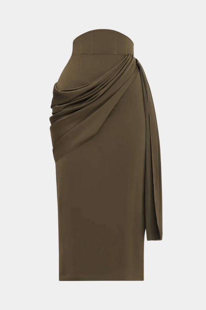 Satin Asymmetrical Ruched Skirt - MISMIMCWBK2510110018-BROWNISH GREEN-XS