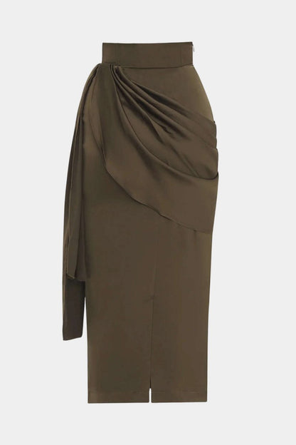 Satin Asymmetrical Ruched Skirt - MISMIMCWBK2510110018-BROWNISH GREEN-XS