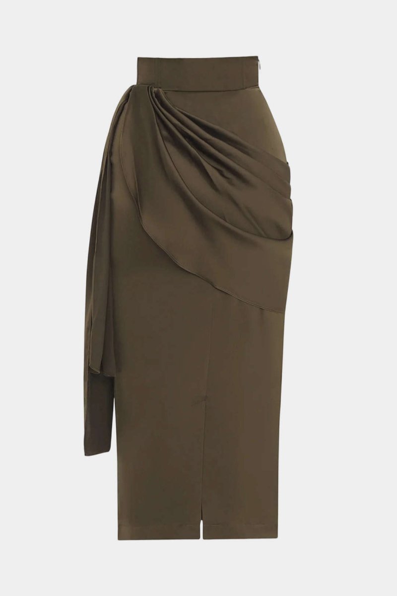 Satin Asymmetrical Ruched Skirt - MISMIMCWBK2510110018-BROWNISH GREEN-XS