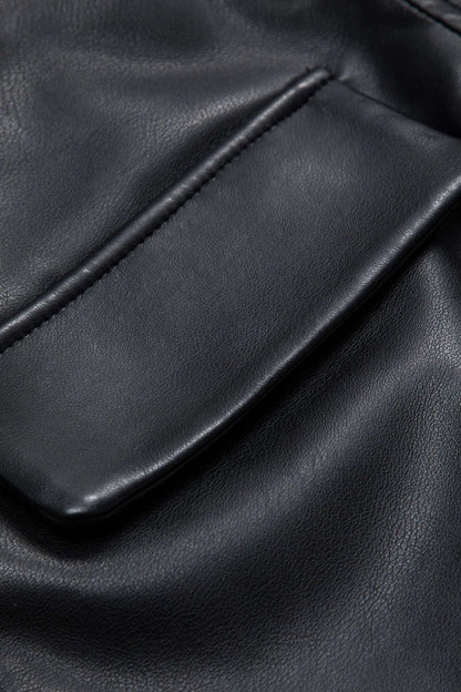 Satin Faux Leather Pocket Button Zipper Long Sleeve Mini Dress - MISMIMCWDC2412090055-BLACK-XS