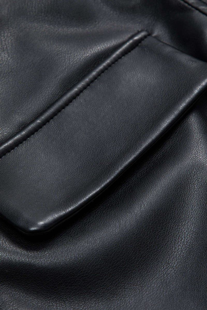 Satin Faux Leather Pocket Button Zipper Long Sleeve Mini Dress - MISMIMCWDC2412090055-BLACK-XS