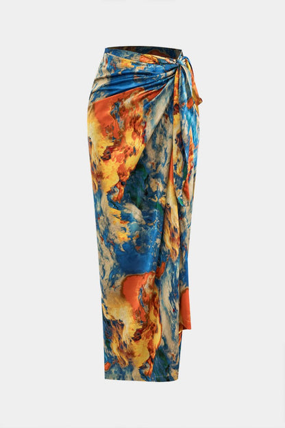 Satin Floral Print Tie Front Skirt - MISMIMCWBK2412090134-BLUE-S