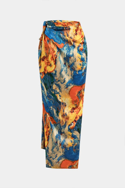 Satin Floral Print Tie Front Skirt - MISMIMCWBK2412090134-BLUE-S