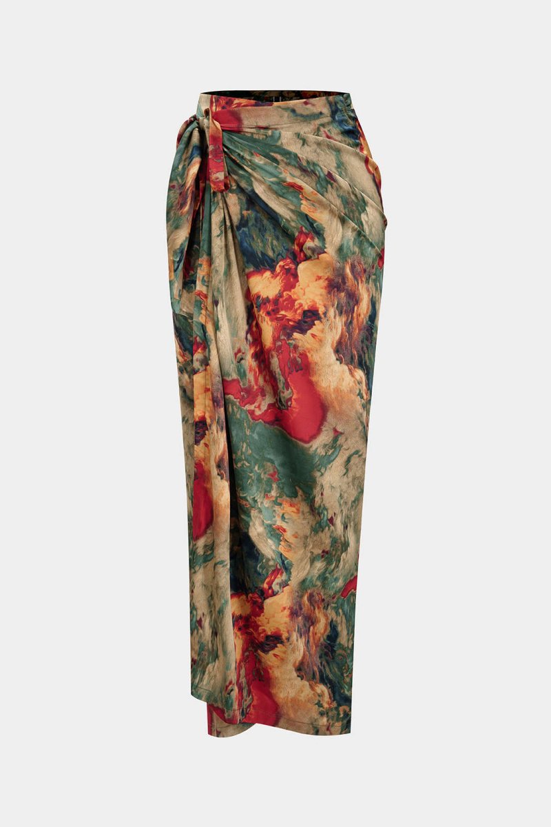 Satin Floral Print Tie Front Skirt - MISMIMCWBK2412090134-MULTICOLOR-S