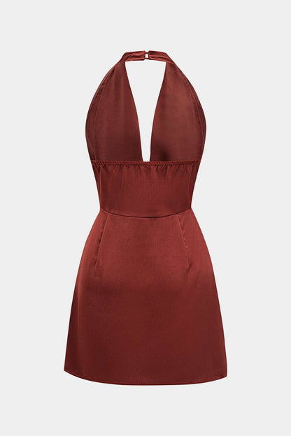 Satin Halter Neck Ruched Backeless Sleeveless Mini Dress - MISMIMCWDC2506250012-BRICK-XS