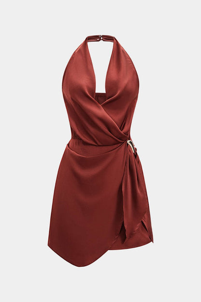 Satin Halter Neck Ruched Backeless Sleeveless Mini Dress - MISMIMCWDC2506250012-BRICK-XS