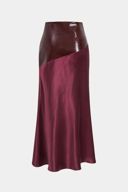 Satin Patchwork Faux Leather Asymmetrical Skirt - MISMIMCWBK2411050031-BURGUNDY-XS
