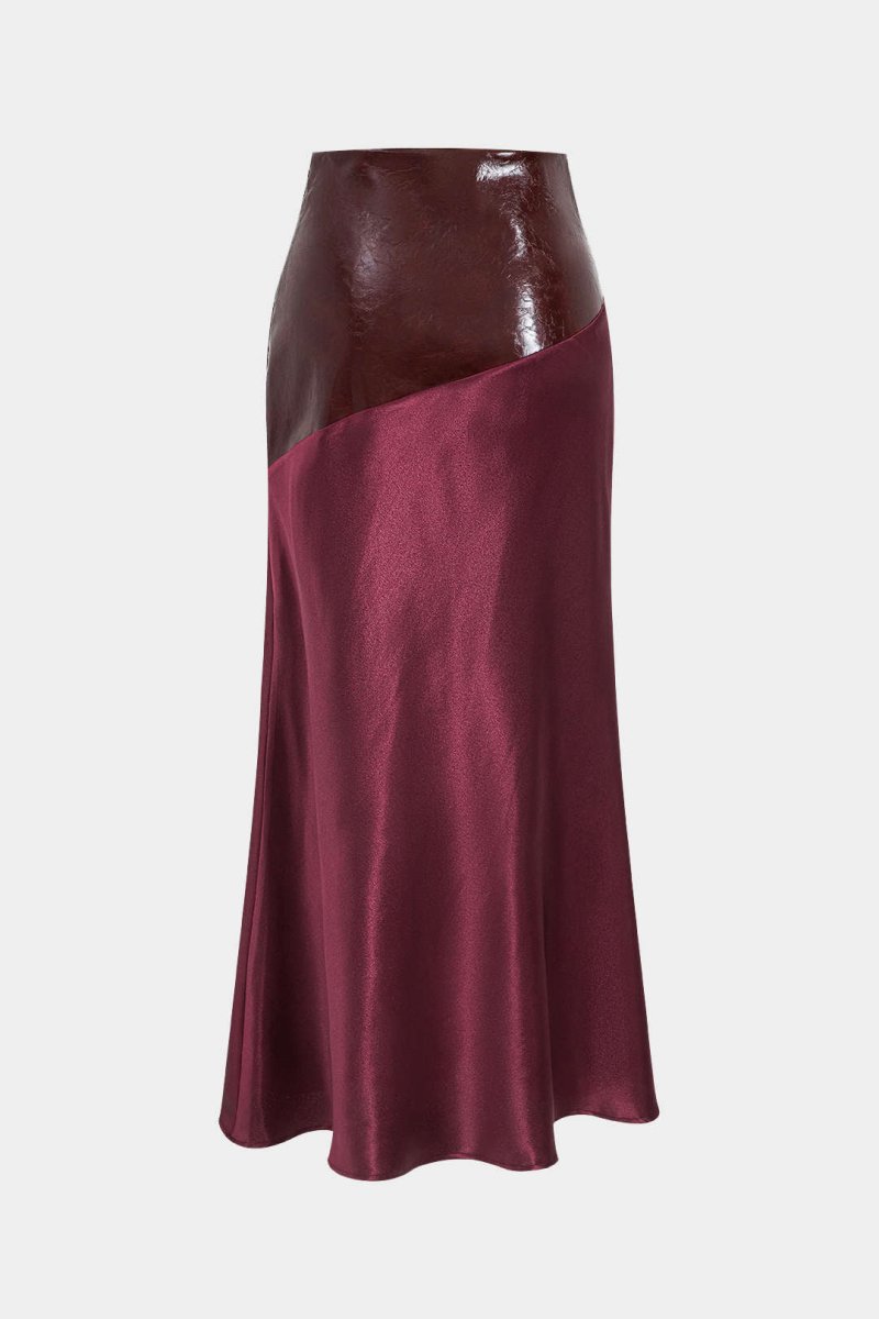 Satin Patchwork Faux Leather Asymmetrical Skirt - MISMIMCWBK2411050031-BURGUNDY-XS