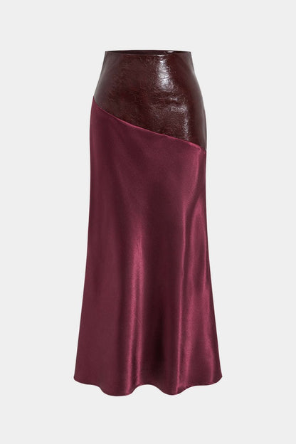 Satin Patchwork Faux Leather Asymmetrical Skirt - MISMIMCWBK2411050031-BURGUNDY-XS