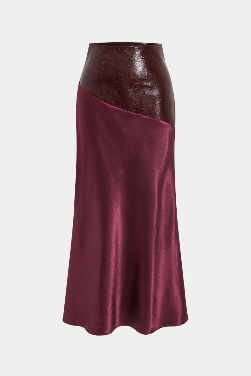 Satin Patchwork Faux Leather Asymmetrical Skirt - MISMIMCWBK2411050031-BURGUNDY-XS