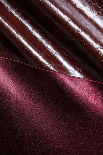 Satin Patchwork Faux Leather Asymmetrical Skirt - MISMIMCWBK2411050031-BURGUNDY-XS