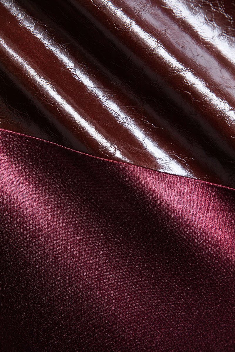 Satin Patchwork Faux Leather Asymmetrical Skirt - MISMIMCWBK2411050031-BURGUNDY-XS