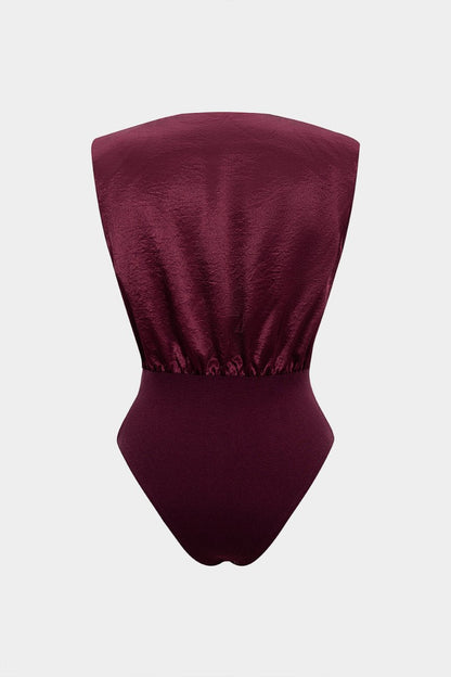 Satin Patchwork Metallic Decor V - Neck Sleeveless Bodysuit - MISMIMCWTO2507250001-BURGUNDY-XS
